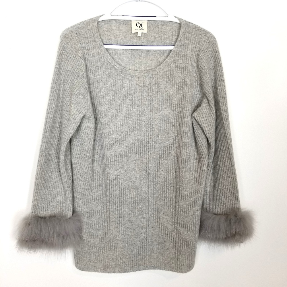 QI Cashmere Women Cashmere Ribbed Knit Sweater Sz L Gray Faux‎ Fur Cuff  Crew